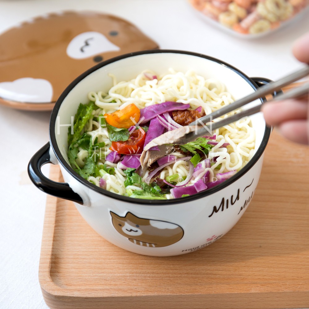 Bộ tô sứ Mèo Warm You kèm dĩa muỗng màu trắng cao cấp