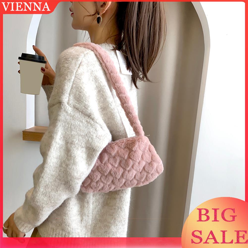 Túi xách kẹp nách vải lông mềm mại họa tiết trái tim phối khóa kéo hợp thời trang