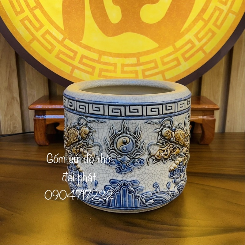 Bát hương men rạn, Lư hương, Đồ thờ men rạn gốm sứ Bát Tràng cao cấp họa tiết đắp nổi thủ công hình rồng tinh xảo