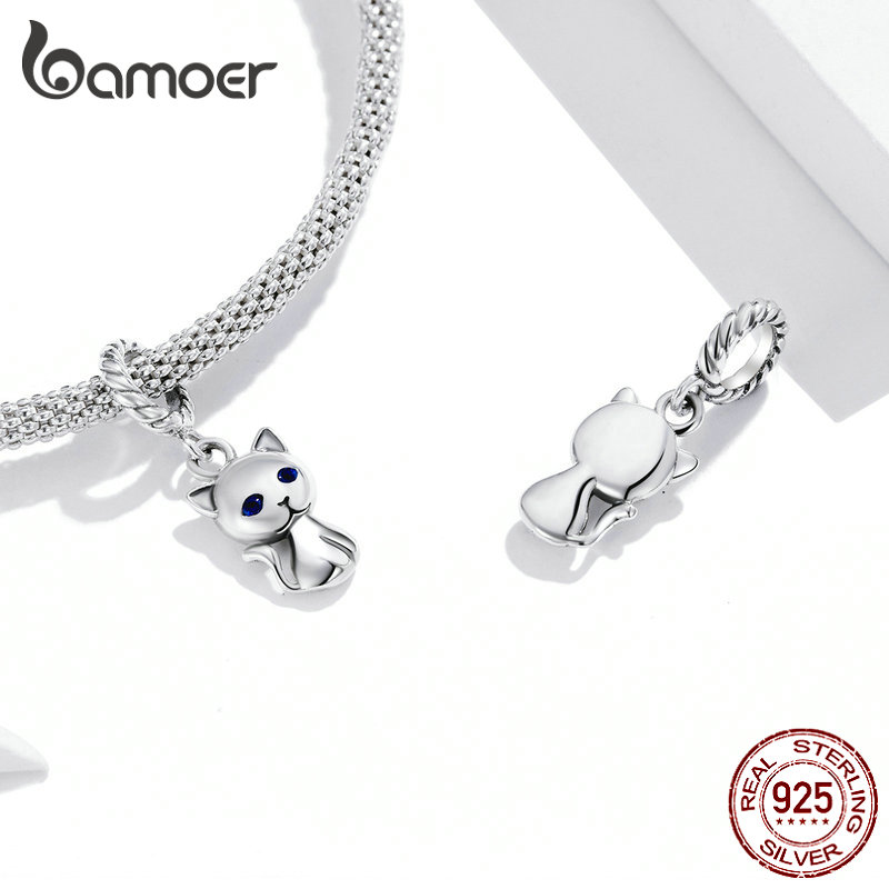 BAMOER Mặt Dây Chuyền Bạc 925 100% Hình Mèo Đính Đá Zircon DIY Trang Sức SCX122