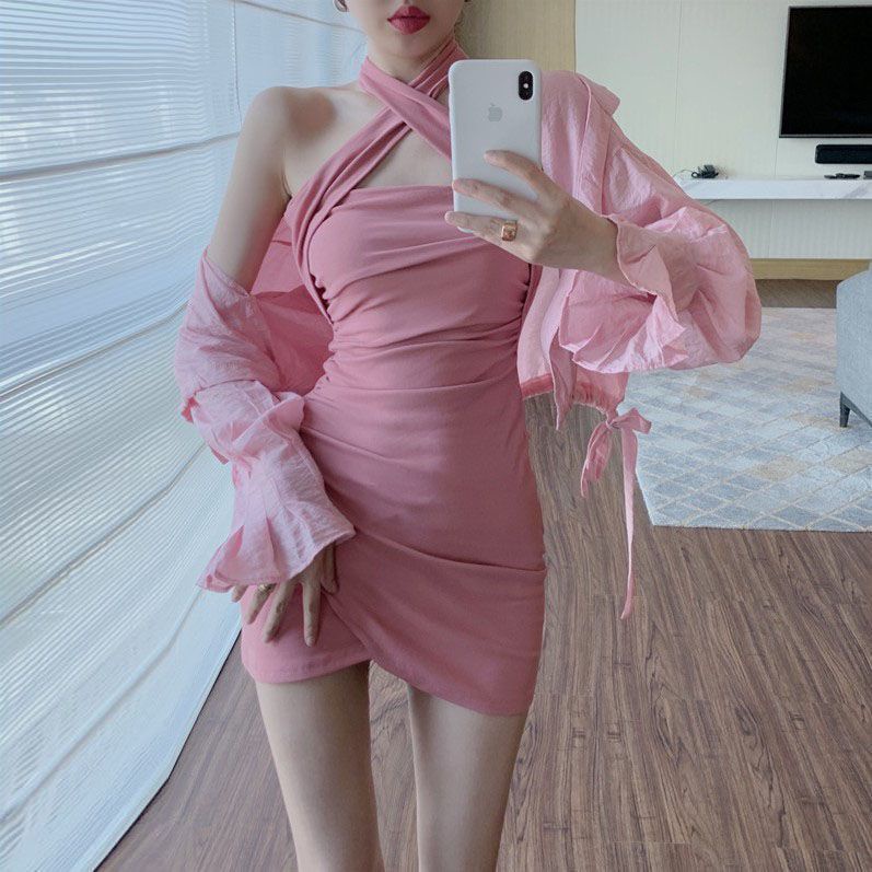 Đầm cổ yếm COZOK thiết kế thắt dây nhấn eo xinh xắn thời trang cho nữ