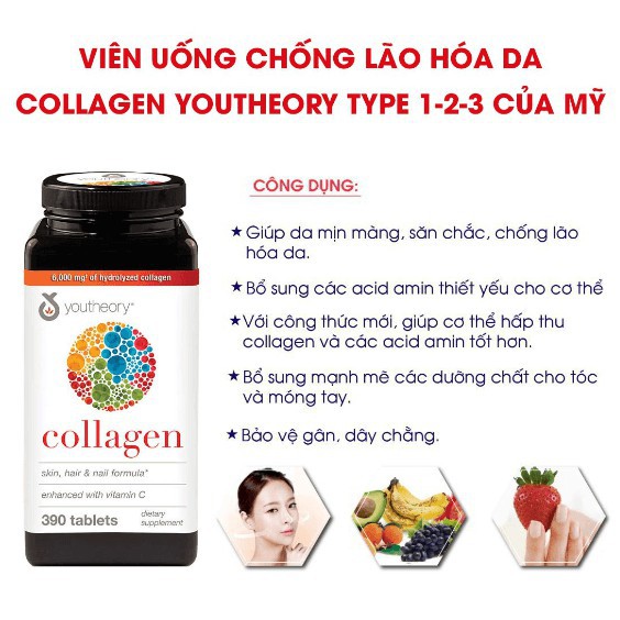 Viên Uống Collagen Youtheory Viên Uống Đẹp Da - Chống Lão Hóa Collagen Youtheory Type 1 2 3 390 Của Mỹ (Mẫu Mới )