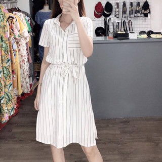 Đầm suông sọc 2 màu thắt nơ eo