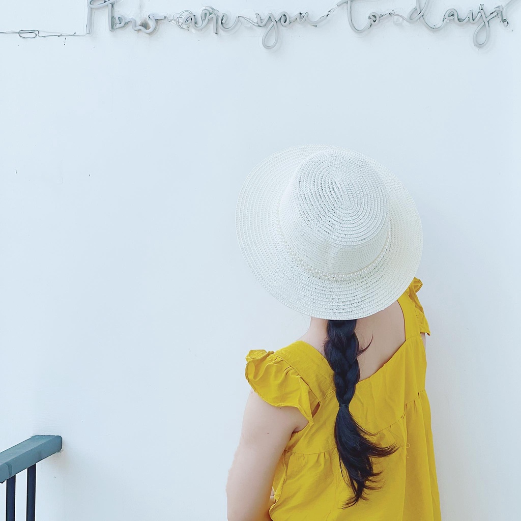 Mũ cói Boater - đai ngọc 2 hàng - mẫu mới (đóng hộp)