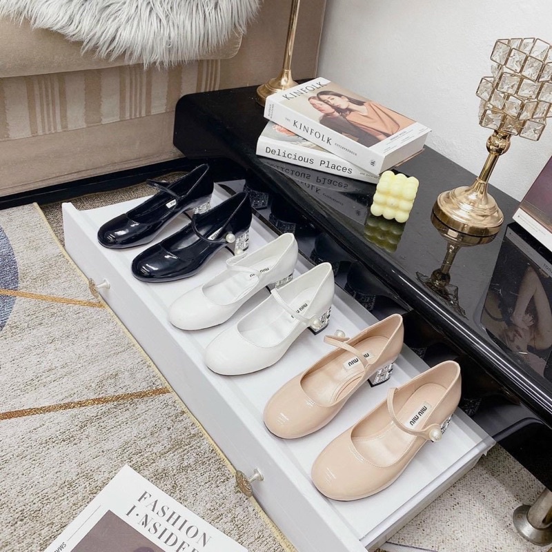 Giày cao gót búp bê miu miu gót bạc 5p fullbox