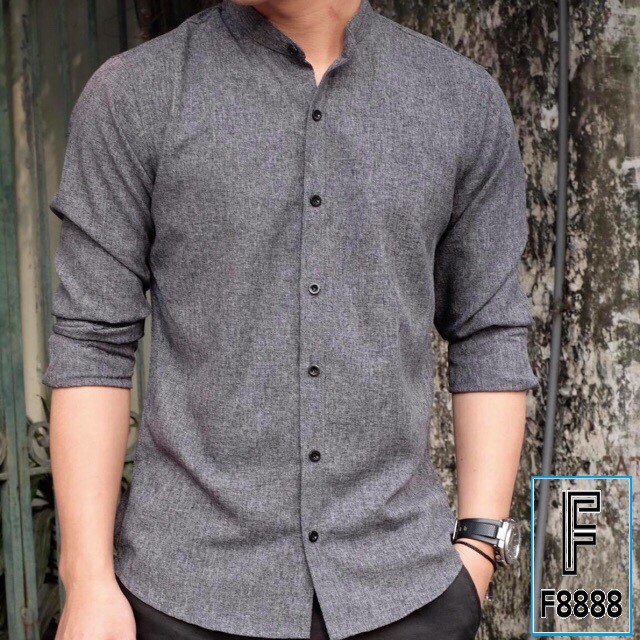 Áo sơ mi nam dài tay áo kiểu đẹp hàn quốc công sở cổ Tàu Màu Xám Tiêu Đậm F8888 | BigBuy360 - bigbuy360.vn