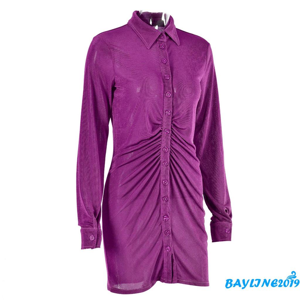 Đầm Cổ Bẻ Tay Dài Màu Trơn Thời Trang Mùa Hè Dành Cho Nữ Size S/M/L