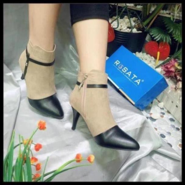 [Sale 3/3]Giày boot nữ cổ thấp 7cm da lộn hai màu đen xám hàng hiệu rosata ro180 P09 ^ .