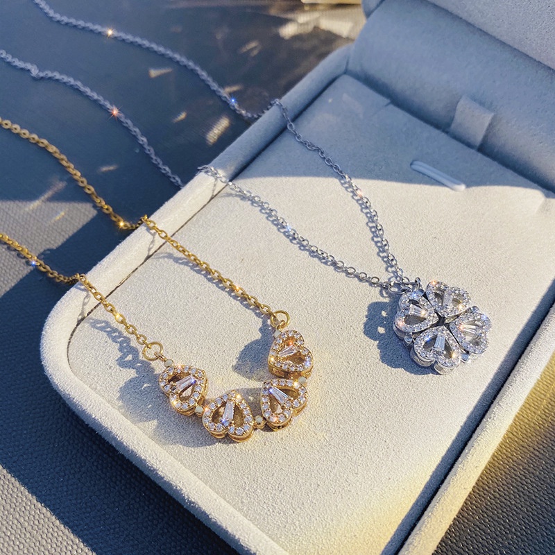 Women folding heart-shaped four-leaf clover Pendant Necklace/Girls cubic zirconia Simple Chain Necklaces /Ladies Fashion Design jewellery Gifts