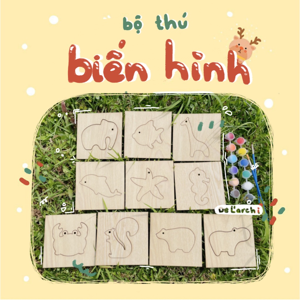 Khuôn thú biến hình, khuôn gỗ cho các bé tặng kèm 12 màu và 2 cọ