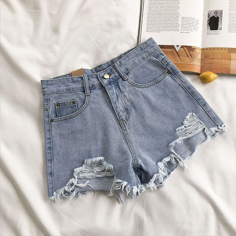 NZN Quần short denim lưng cao ống rộng phối rách màu trơn phong cách Hàn Quốc