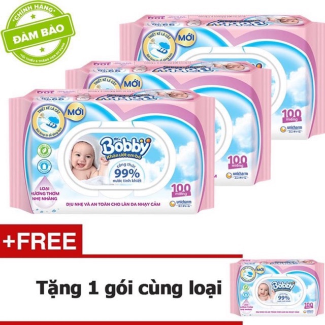 Combo 4 gói Khăn ướt Bobby chính hãng Unicharm- Hương dịu nhẹ 100 tờ