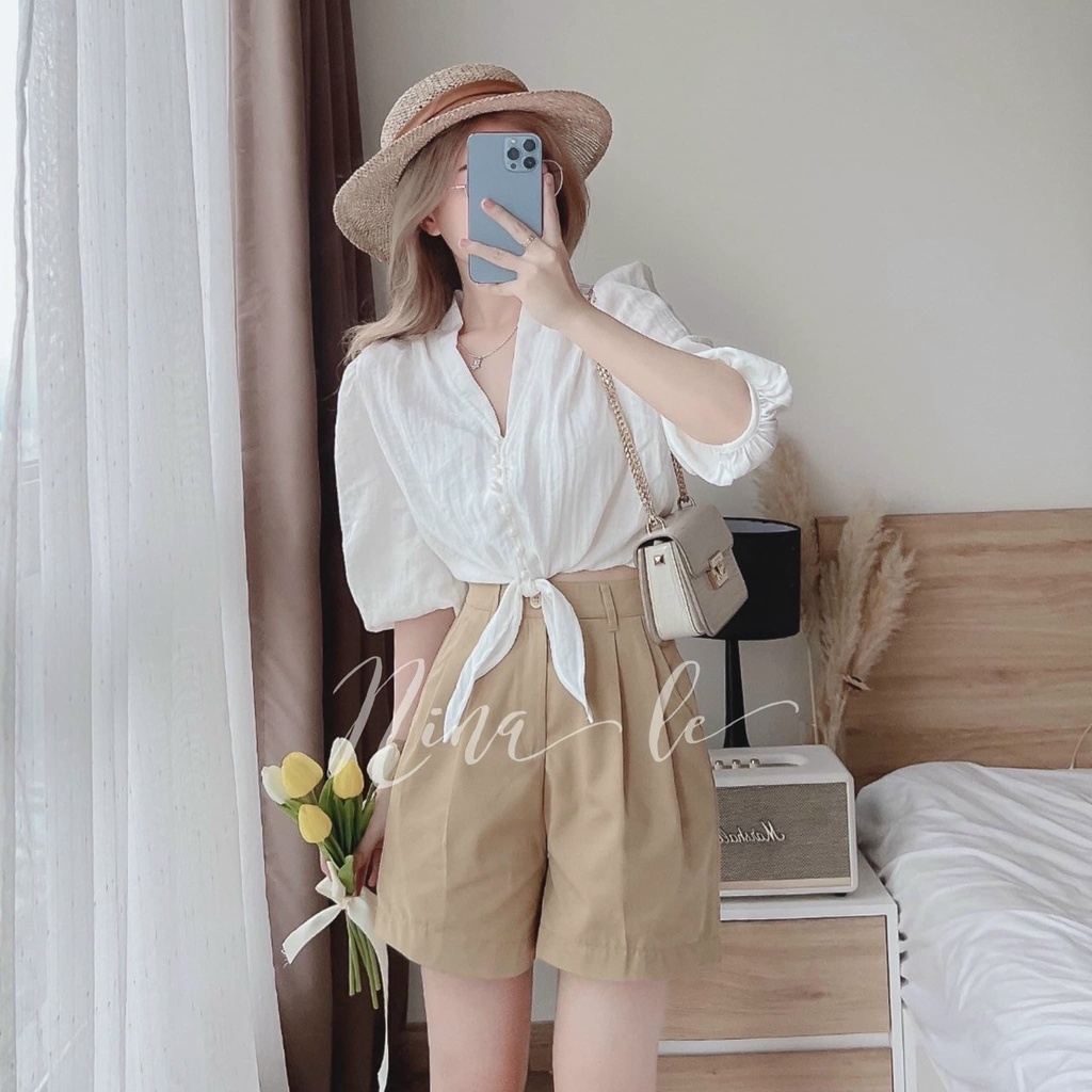 Set bộ đồ nữ đi biển áo croptop buộc nơ eo kèm quần short chuẩn style hàn quốc