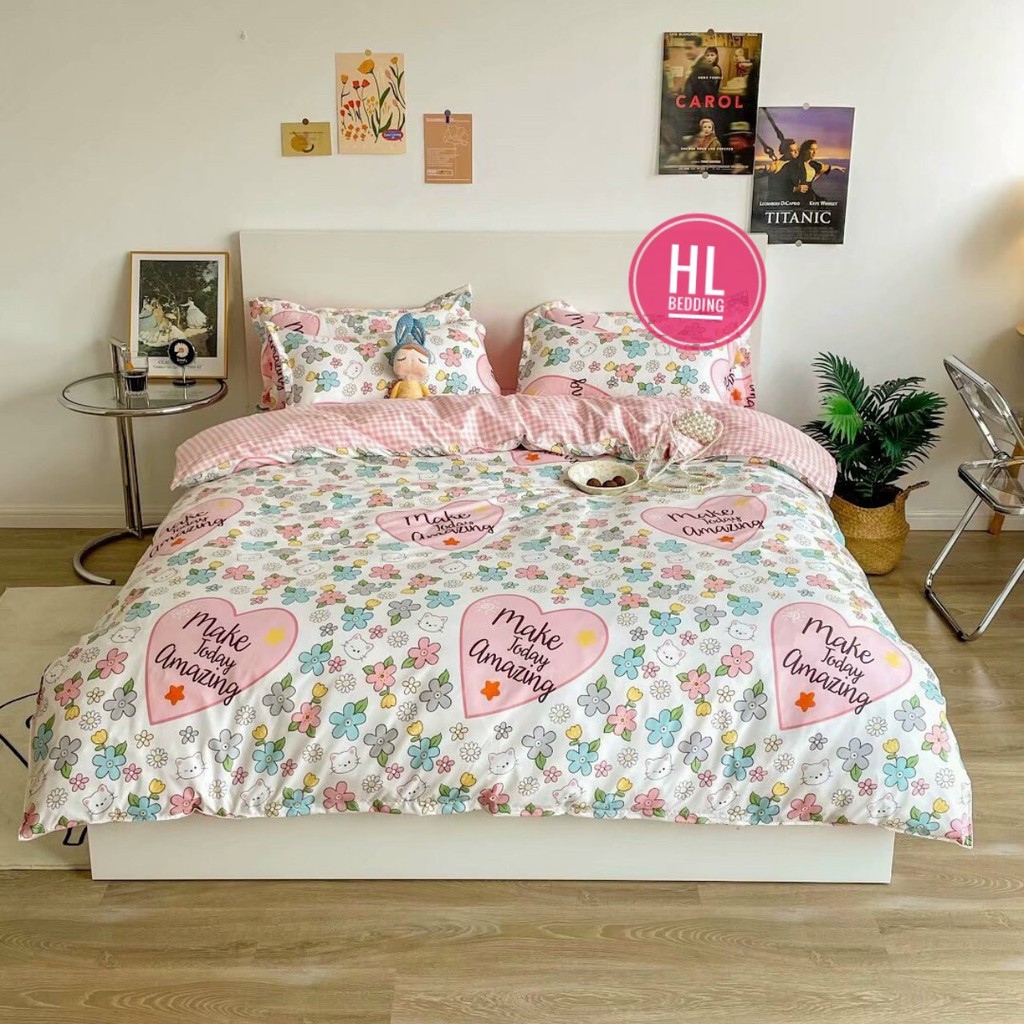 Bộ chăn ga Cotton Poly HL bedding chăn ga Hàn Quốc hoa nhí trái tim make joday amazing đủ size miễn 