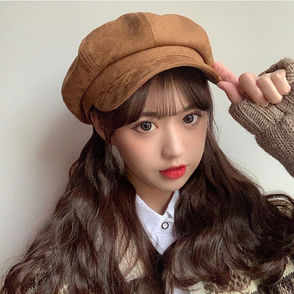 Mũ beret vải da lộn vành rộng phối khóa kim loại màu cà phê phong cách Hàn Quốc thời trang thu đông cho nữ