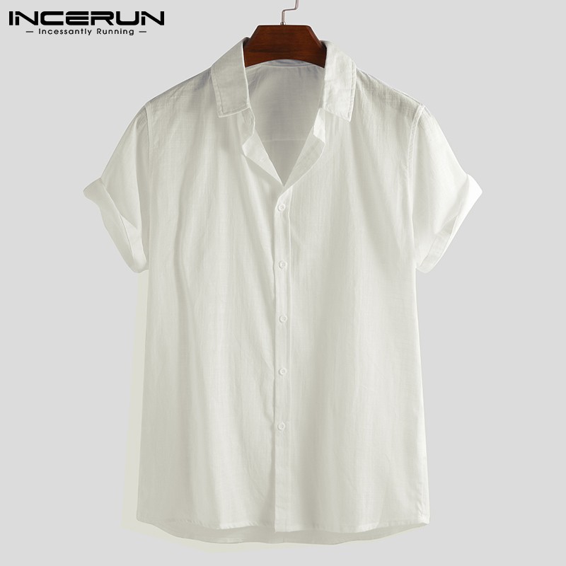 Áo sơ mi INCERUN ngắn tay màu trơn thời trang cho nam