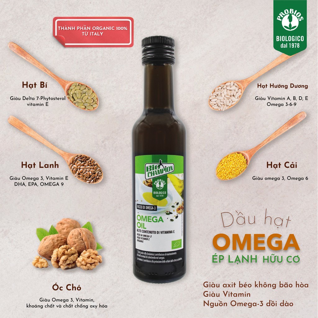 Dầu hạt Omega 3 ép lạnh hữu cơ cho bé tập ăn dặm 250ml Probios Oganic