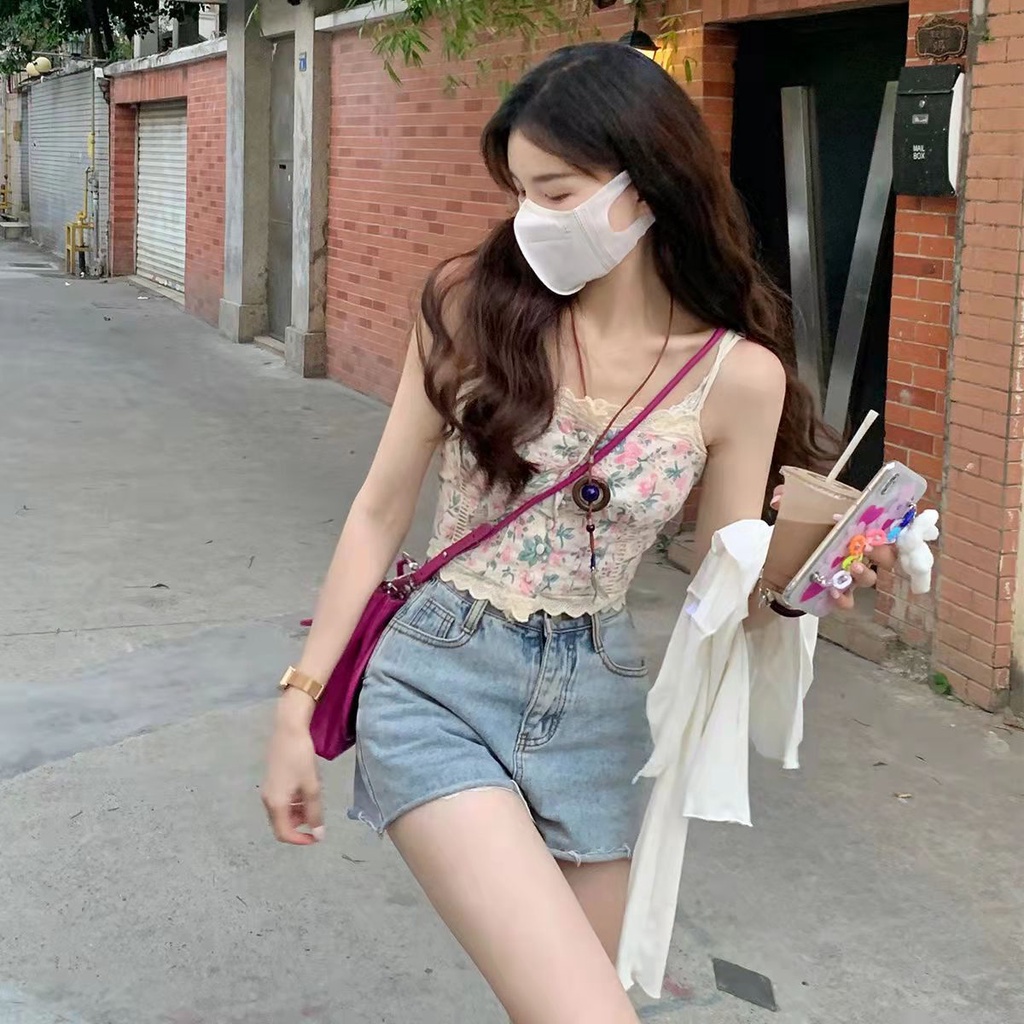 Áo Kiểu Phối Ren Hai Dây Phong Cách Retro Pháp Thời Trang Mùa Hè Dành Cho Nữ ML262