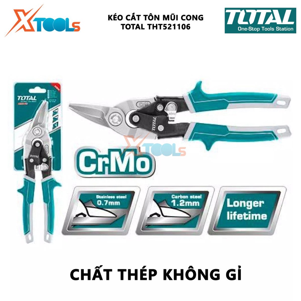 Kéo cắt tôn mũi cong trái TOTAL THT521106 Kéo cắt tole mũi cong Chiều dài 250mm (10'') thép Carbon,không gỉ, tay bọc cao