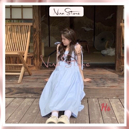 Váy babydoll nữ dáng dài đầm nữ 2 dây buộc nơ vai 2 màu trắng xanh style tiểu thư hàn quốc nhẹ nhàng nữ tính NinaStore