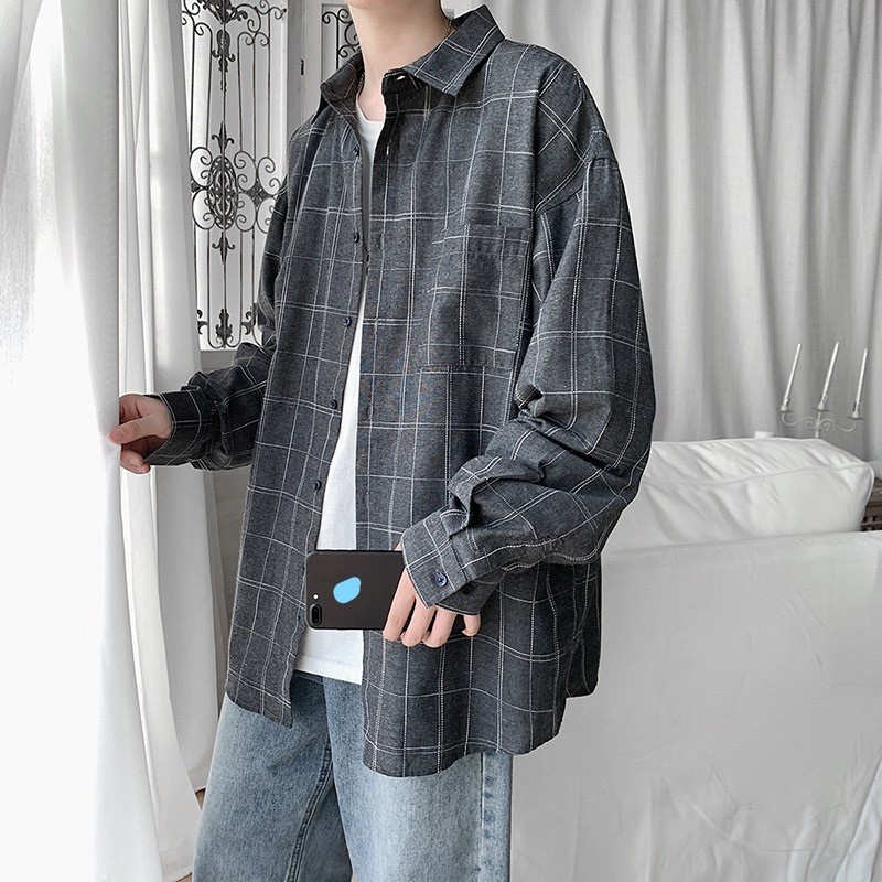 Áo sơ mi khoác unisex oversize, full size M - 5XL, họa tiết kẻ caro phong cách Hàn Quốc