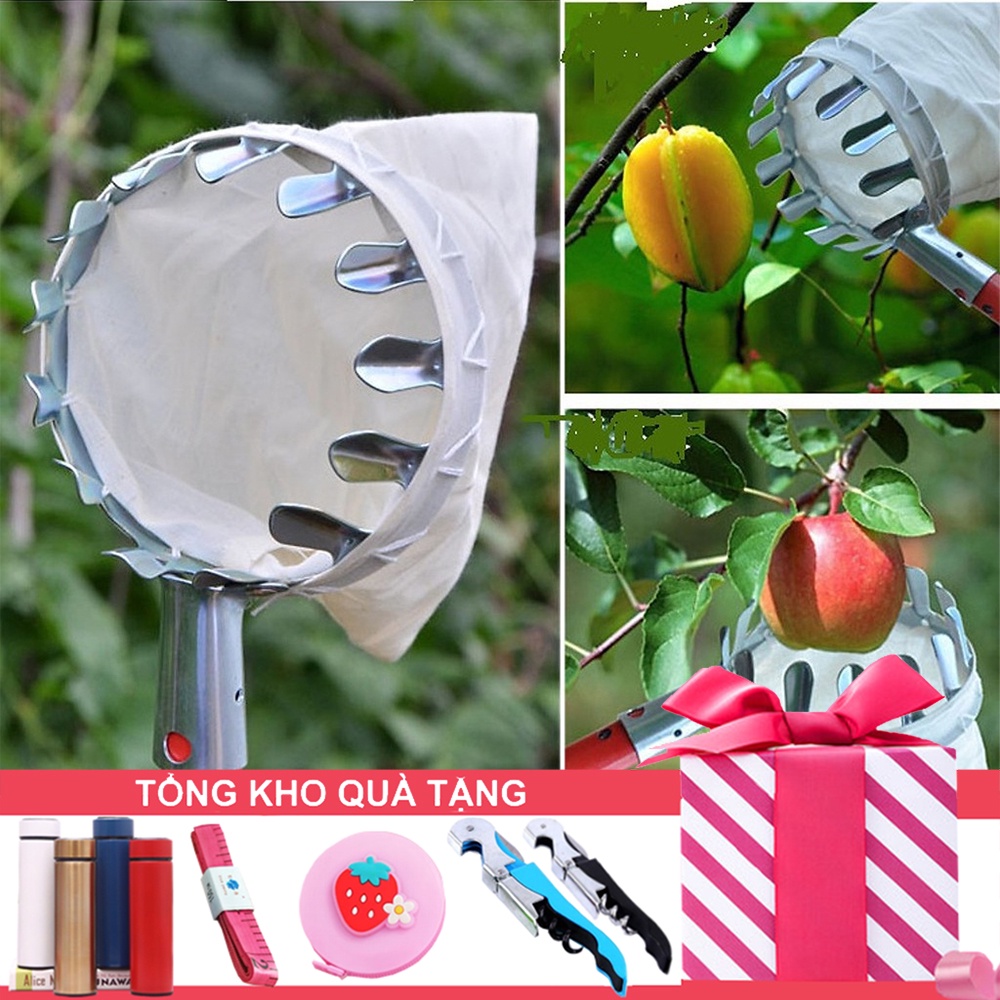 Vợt Đầu Sào Hái Trái Cây Trên Cao Đa Năng Kèm Túi Vải - Dụng Cụ Hái Hoa Quả Thép Siêu Bền Đẹp