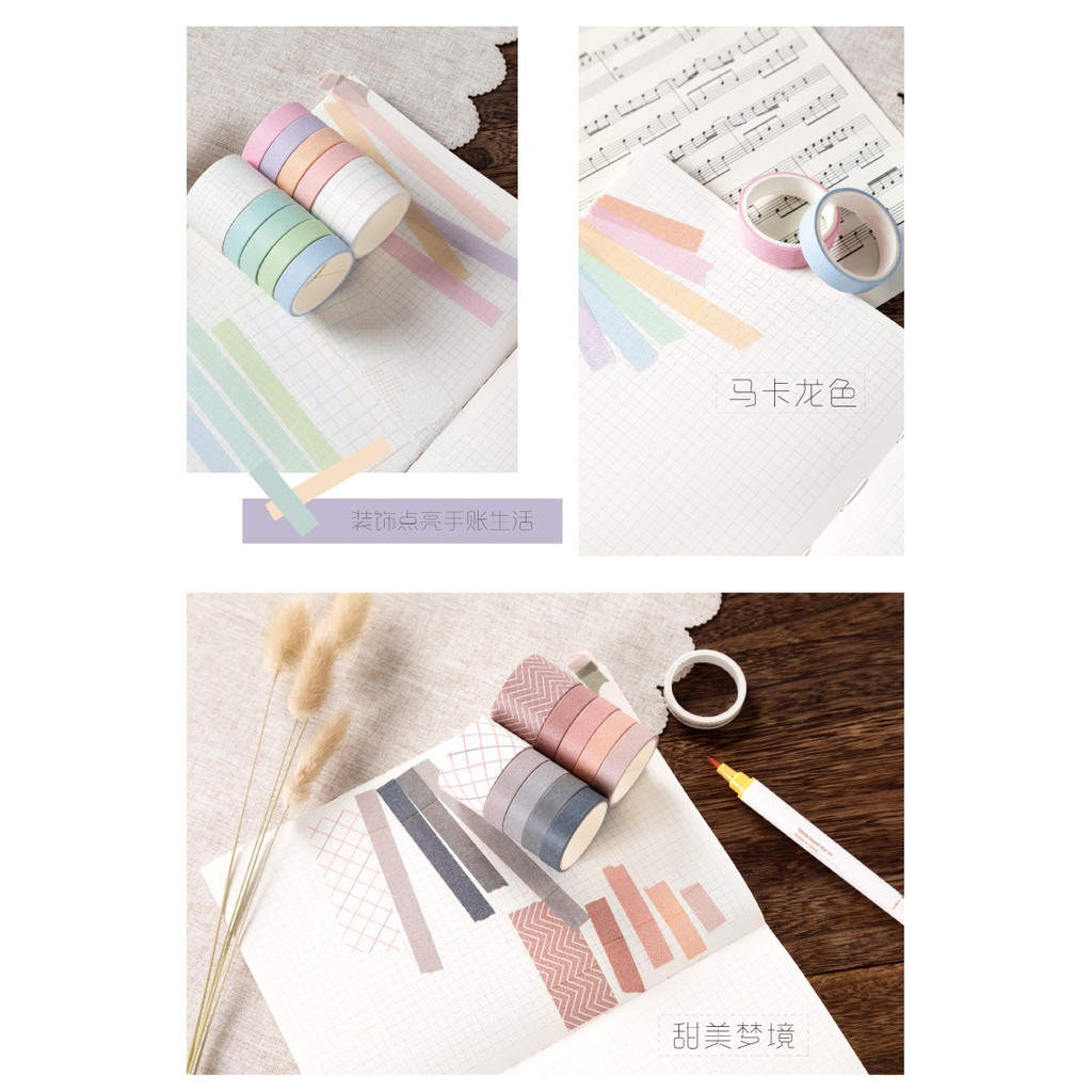 Hộp 10 cuộn băng dính giấy washi màu trơn trang trí bullet journal