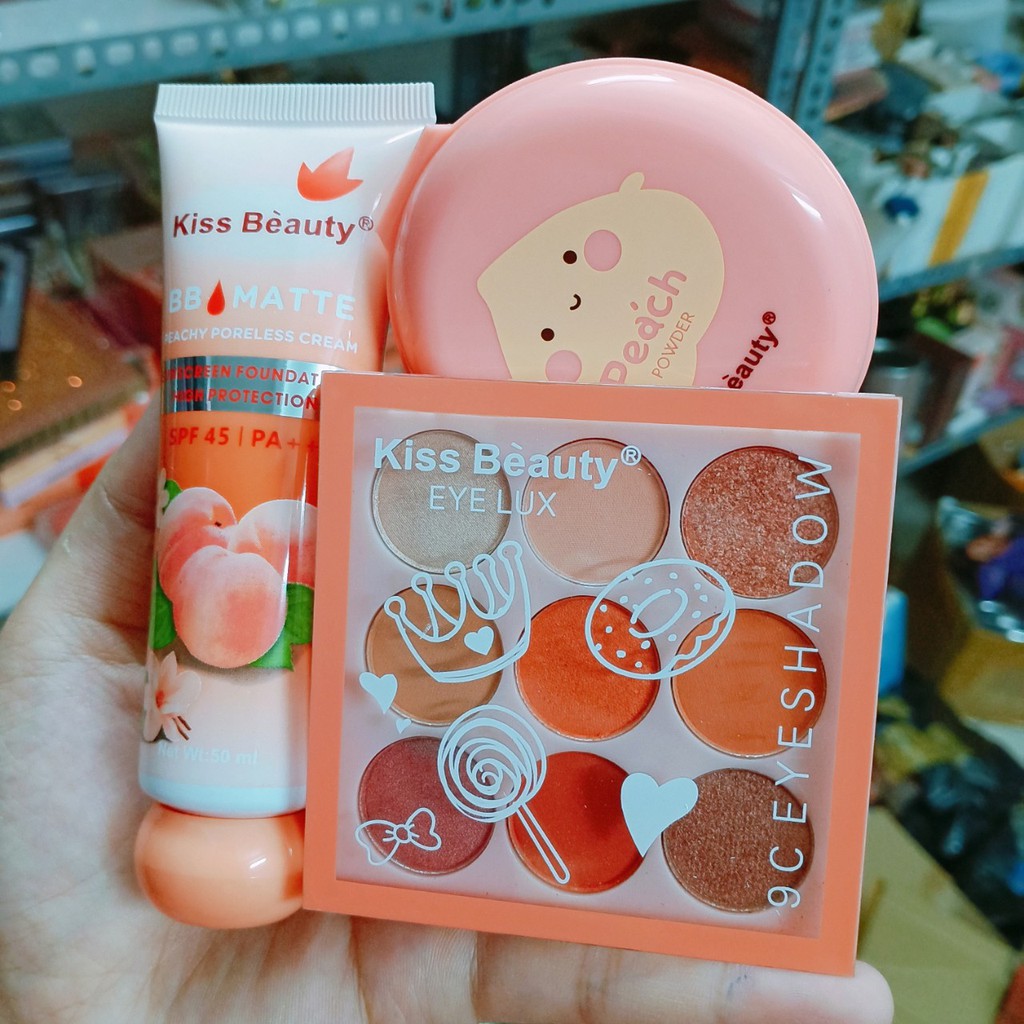 Combo lót đào + phấn phủ đào + phấn mắt kiss beauty 9 ô tròn siêu xinh