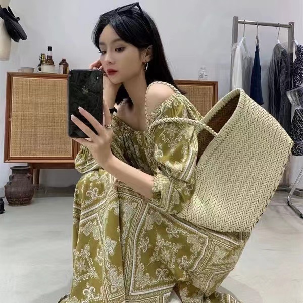 Đầm maxi Ngắn Tay Trễ Vai In Họa Tiết vintage Thời Trang Đi Biển Cho Nữ Mới