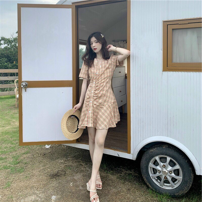 [ Miễn phí ship 2022 ] Váy kẻ caro vintage chất thô mềm dáng xuông đuôi cá, phối nút đơn giản phong cách hàn quốc