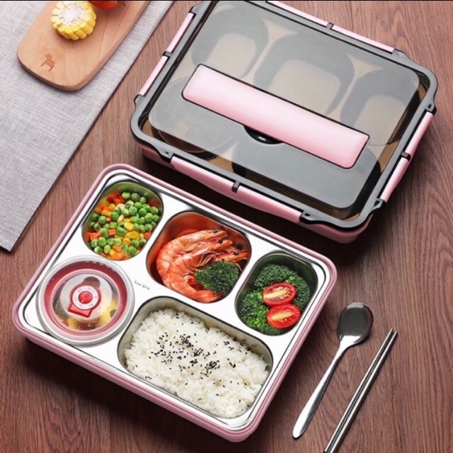 HỘP CƠM VĂN PHÒNG 5 NGĂN RUỘT BẰNG INOX 304 KHÔNG GỈ CAO CẤP TẶNG KÈM 1 BỘ MUỖNG ĐŨA INOX CÓ GIÁ ĐỢ ĐIỆN THOẠI TIỆN LỢI