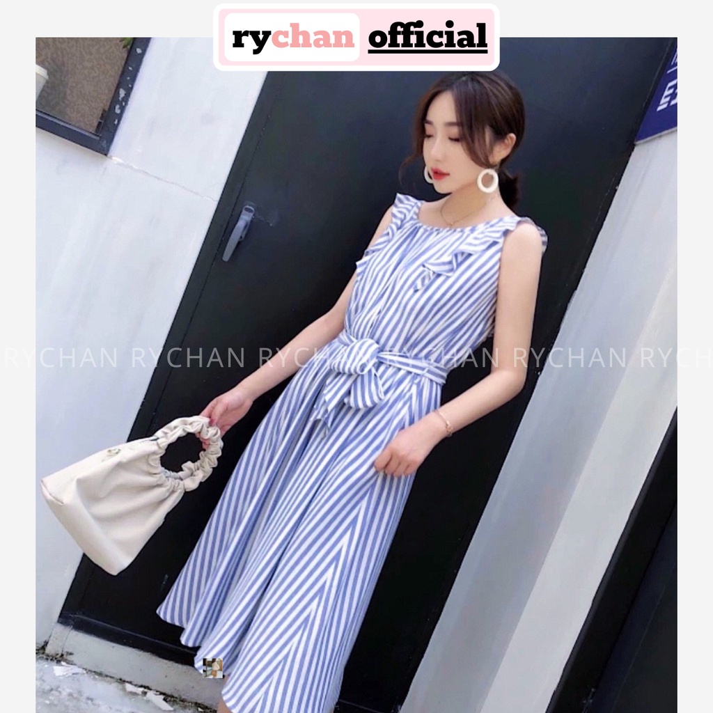 Đầm Xòe Midi Hai Dây Sọc Xanh Buộc Eo - DX522