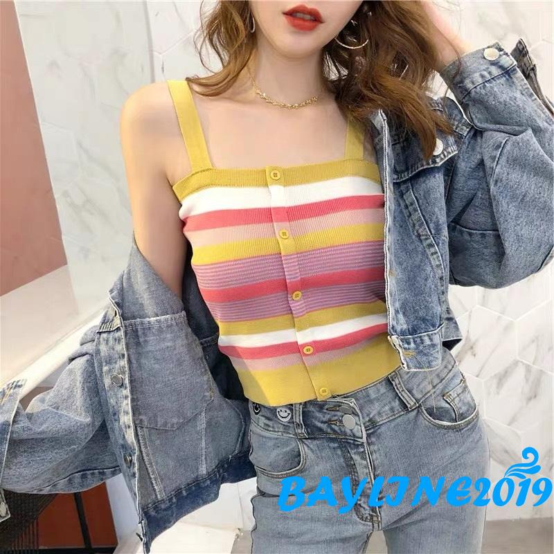 Áo croptop hai dây dệt kim họa tiết kẻ sọc nhiều màu sắc thời trang mùa hè cho nữ