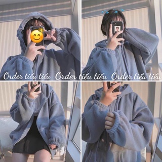 Áo khoác hoodie tay bồng màu blue pastel len tăm siêu xinh