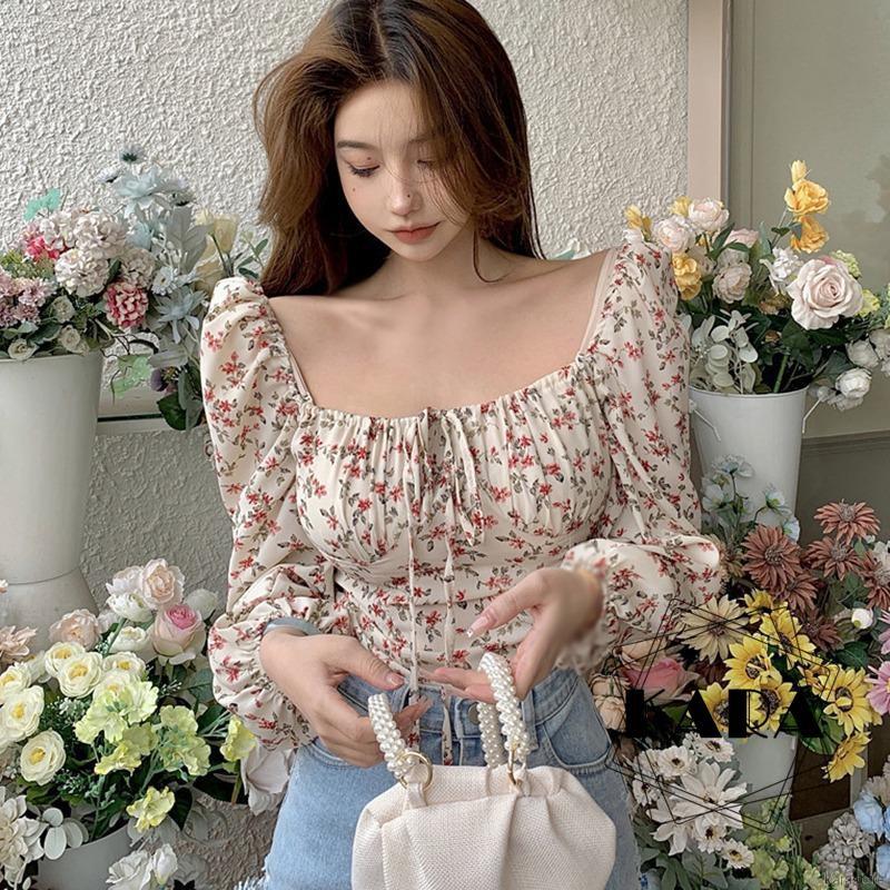 Áo Chiffon Tay Dài Cổ Vuông Họa Tiết Hoa Phong Cách Retro