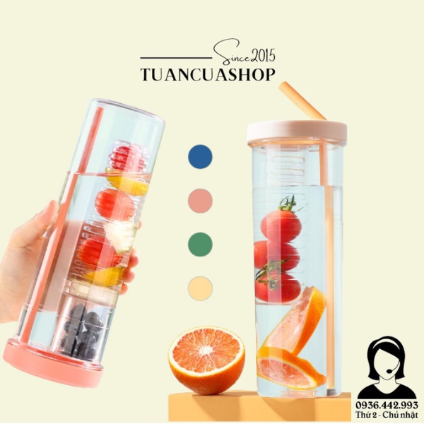 Bình đựng nước 700ml - Bình detox trong suốt có ngăn lọc và ống hút