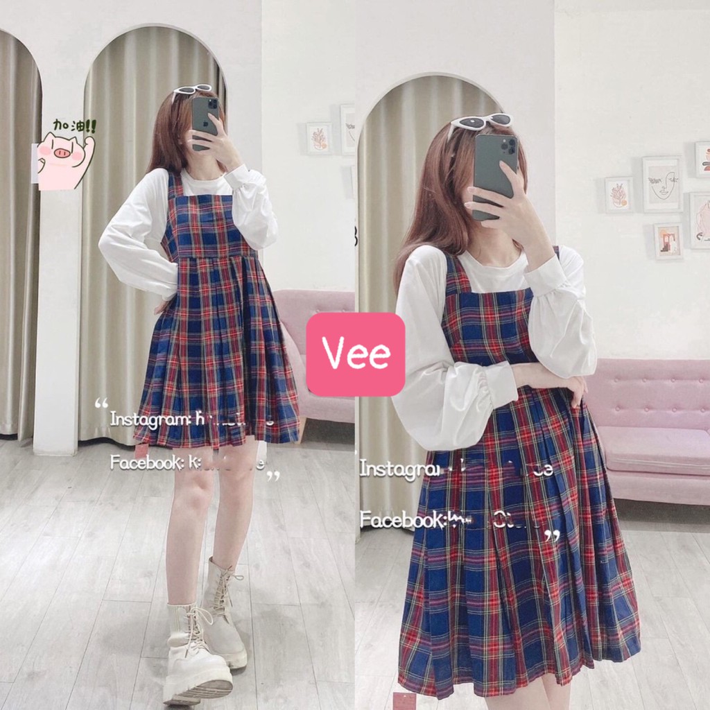 Set váy yếm kẻ babydoll 2 dây bản to kèm áo thun trơn dài tay/ Set áo váy yếm tiểu thư dáng xòe xinh xắn_veestore