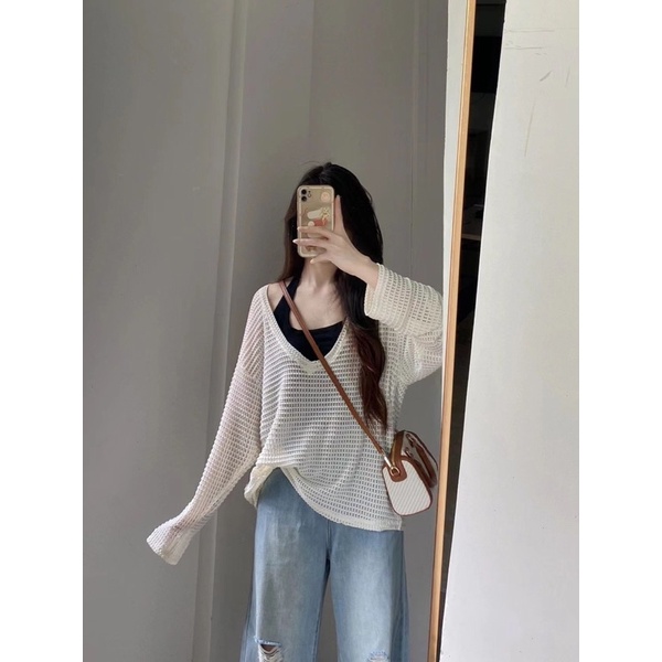 sét áo len lưới tay dài dáng rộng , phong cách thời trang dành cho nữ