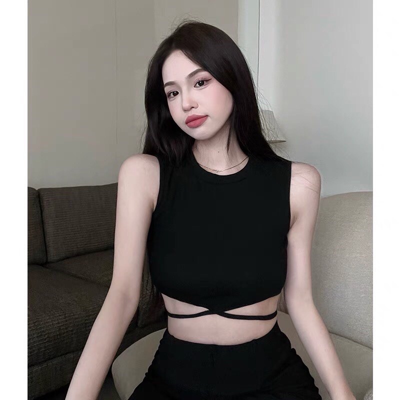 Áo ba lỗ nữ dây quấn bụng  , Áo croptop kiểu cột eo sexy