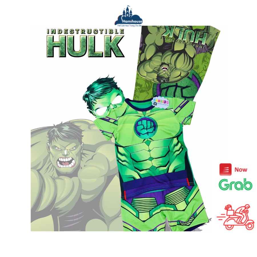 Bộ quần áo siêu nhân cho bé trai 10-30kg có áo choang mặt nạ hóa trang người khổng lồ xanh hulk - HM0886