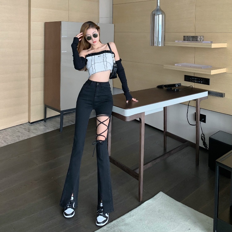 Cocory vn Quần jeans lưng cao ống loe xẻ tà quyến rũ dễ phối đồ cho nữ