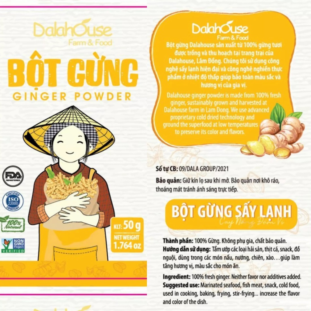 Bột gừng sấy lạnh hữu cơ nguyên chất Dalahouse 50gr, công nghệ sấy lạnh tiêu chuẩn Châu Âu