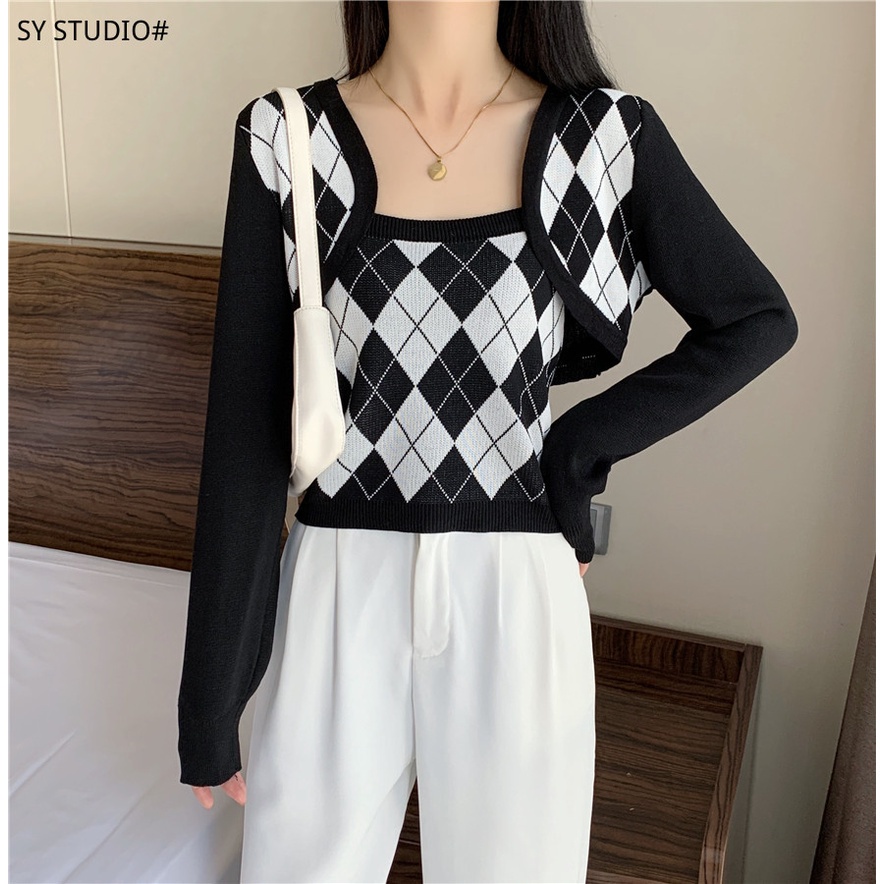 SUXI Áo croptop dệt kim tay dài phong cách Hàn Quốc