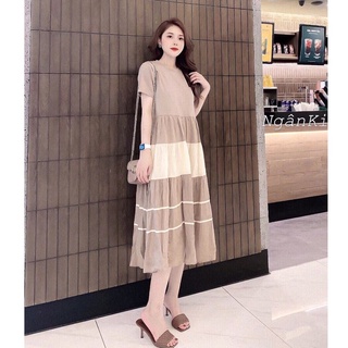 Váy bầu xếp tầng công sở, chất cotton