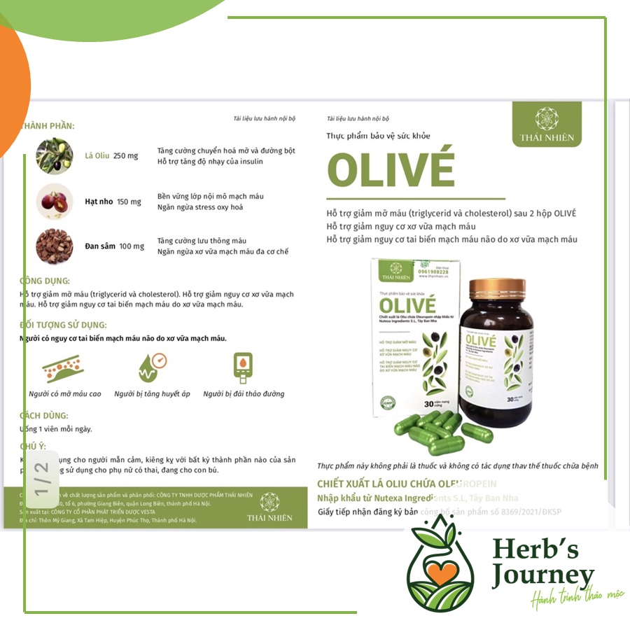 Viên uống giảm mỡ máu Olive - Hỗ trợ hạ mỡ máu - Công ty TNHH Thái Nhiên