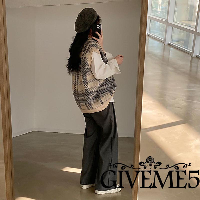 Áo len không tay cổ chữ V màu sắc vintage cho nữ