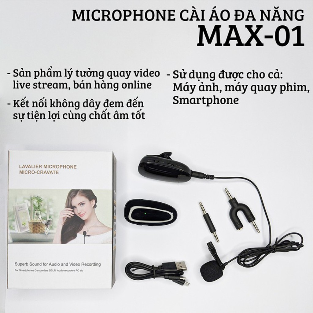 MICRO THU ÂM CÀI ÁO MAX 01 BLUETOOTH ĐA NĂNG DÀNH CHO YOUTUBER , VLOG, BÁN HÀNG LIVE STREAM...