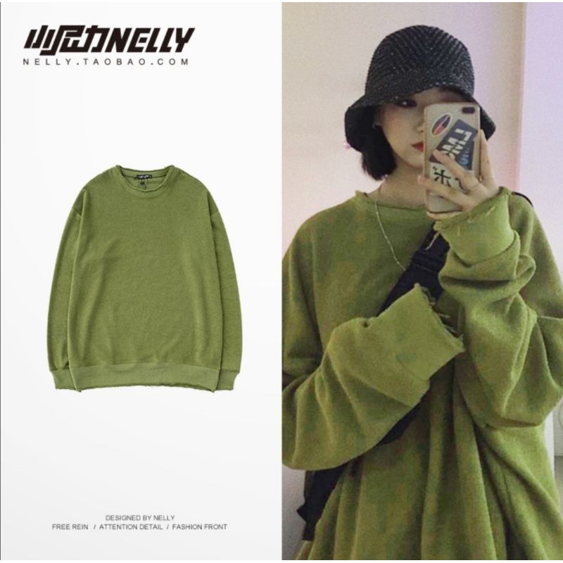 Áo Sweater nỉ Unisex xanh rêu cá tính Nelly chính hãng (order)