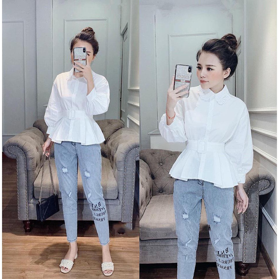 Áo thắt đai cổ ren