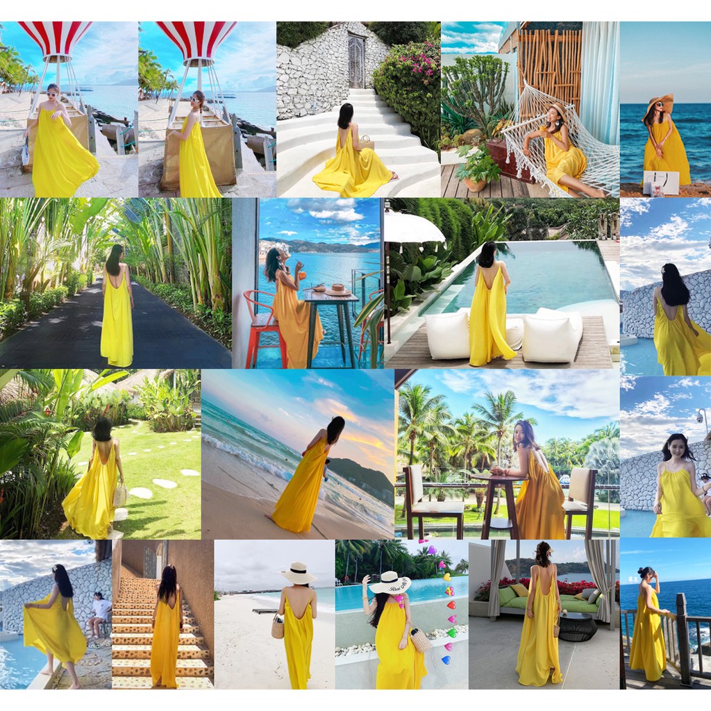 Váy maxi màu vàng hở võng lưng cực xinh - MS202